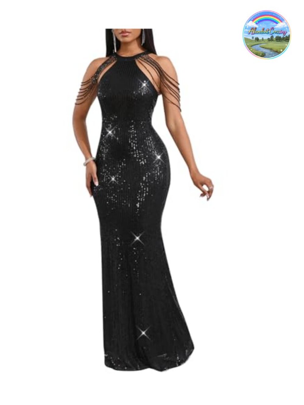 Sequin Halter Tassel Mermaid Formal Maxi Dress Evening Gown